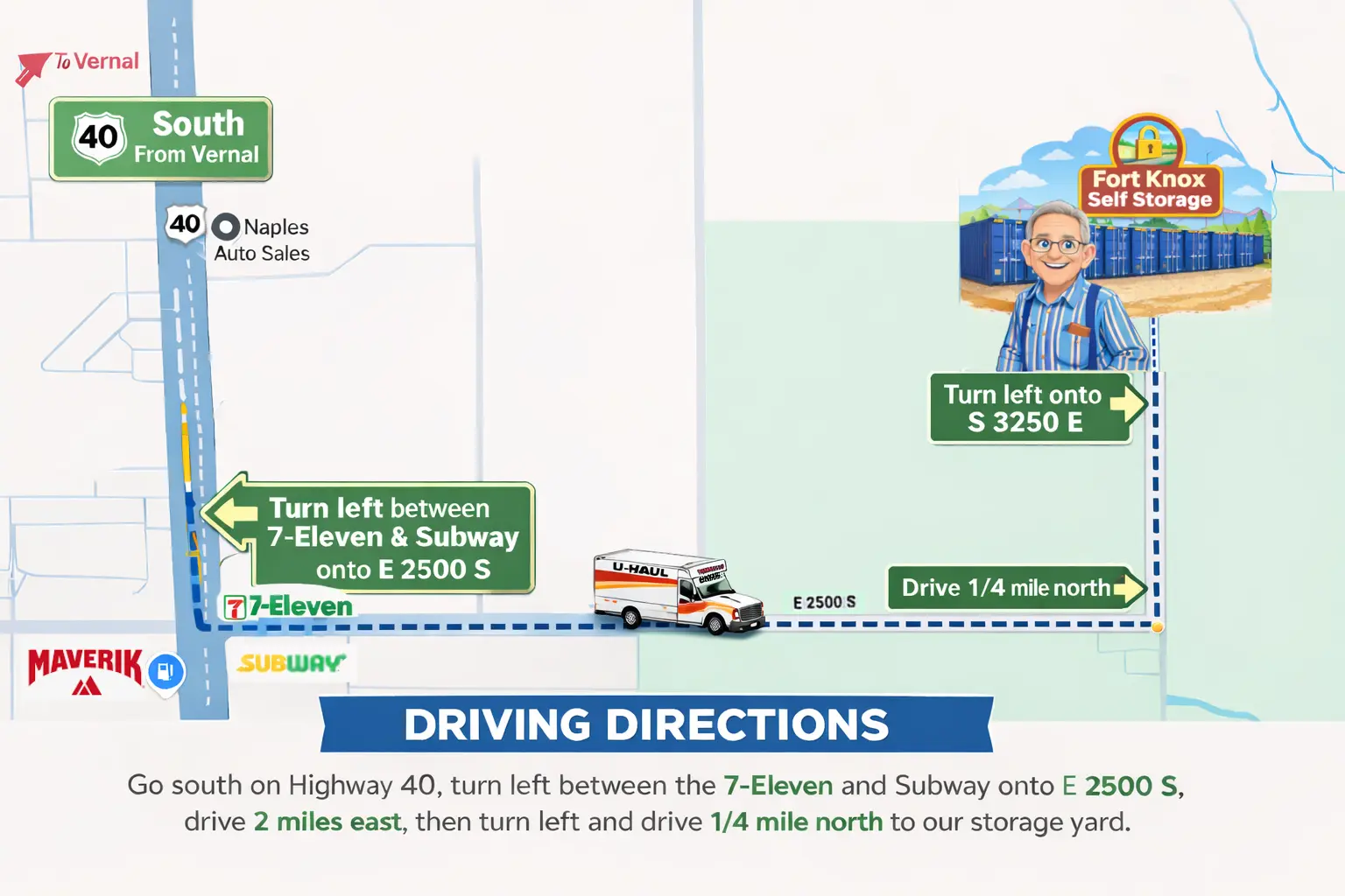 Driving directions map to Fort Knox Self Storage — 2225 South 3250 East, Vernal Utah